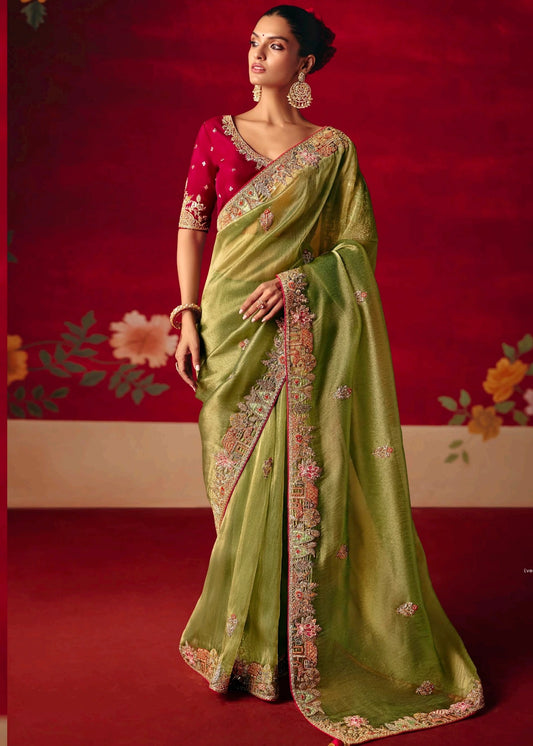 Designer Lime Green Organza Tissue Silk Embroidered Saree