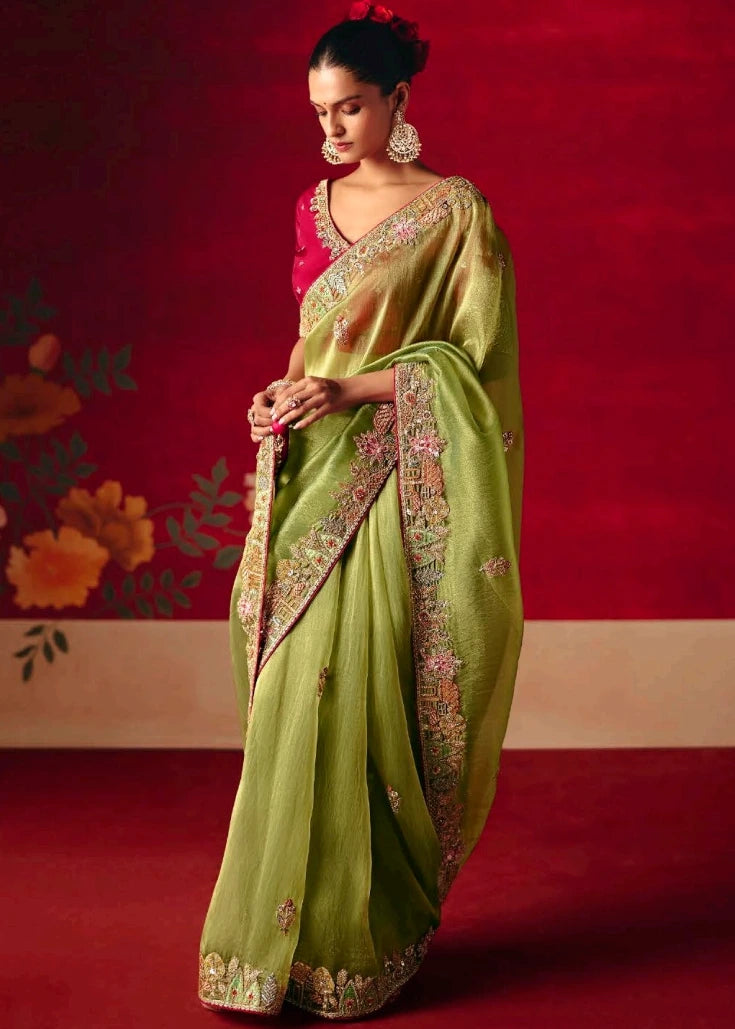 Designer Lime Green Organza Tissue Silk Embroidered Saree
