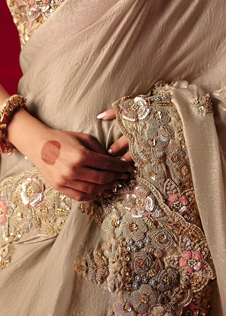 Designer Beige Organza Tissue Silk Embroidered Saree