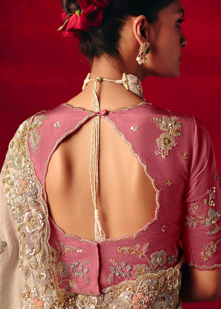 Designer Beige Organza Tissue Silk Embroidered Saree