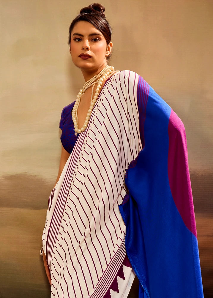 Pure Satin Crepe Silk White and Royal Blue Printed Saree