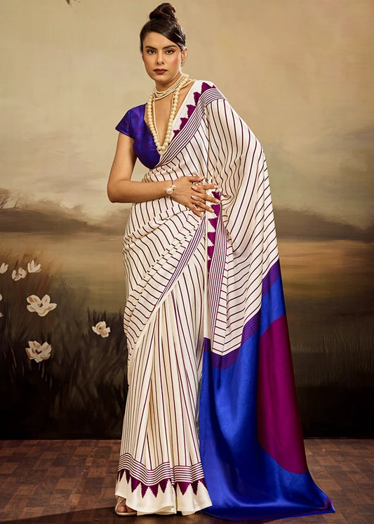 Pure Satin Crepe Silk White and Royal Blue Printed Saree