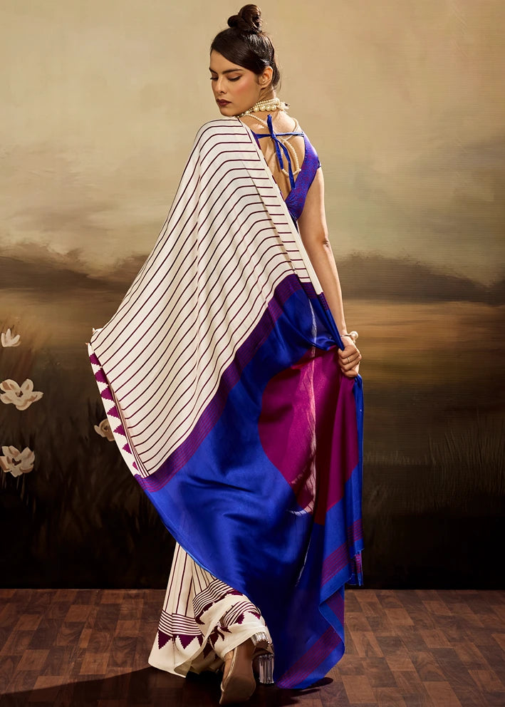 Pure Satin Crepe Silk White and Royal Blue Printed Saree