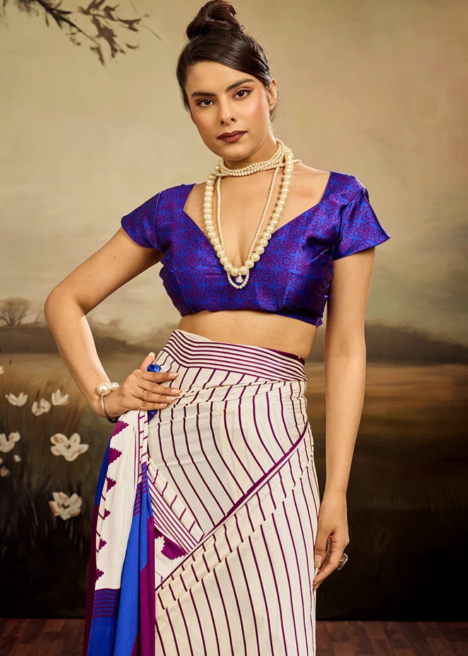 Pure Satin Crepe Silk White and Royal Blue Printed Saree