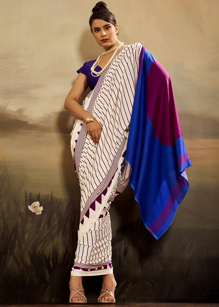 Pure Satin Crepe Silk White and Royal Blue Printed Saree