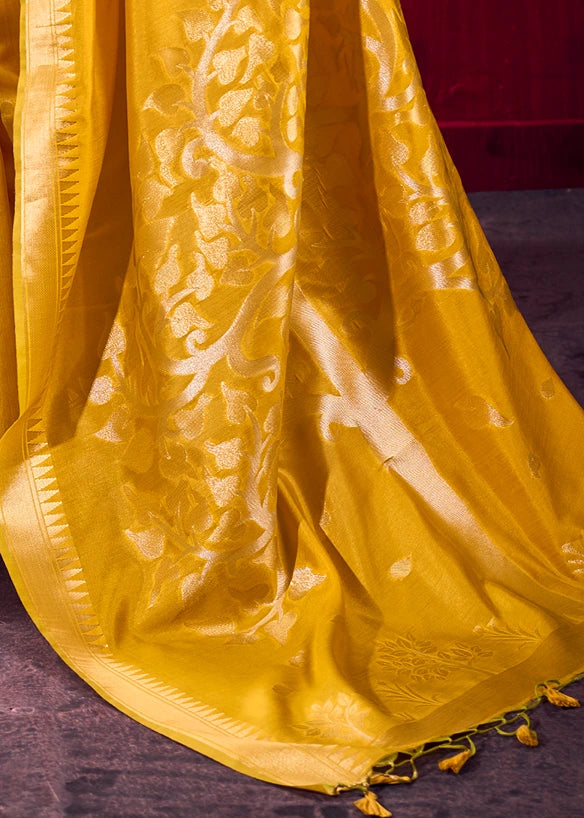 Soft Banarasi Silk Mustard Yellow Zari Weaving Saree