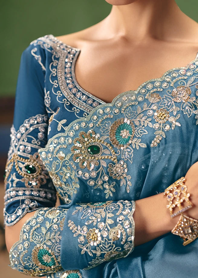 Crushed Organza Tissue Silk Light Blue Embroidered Saree