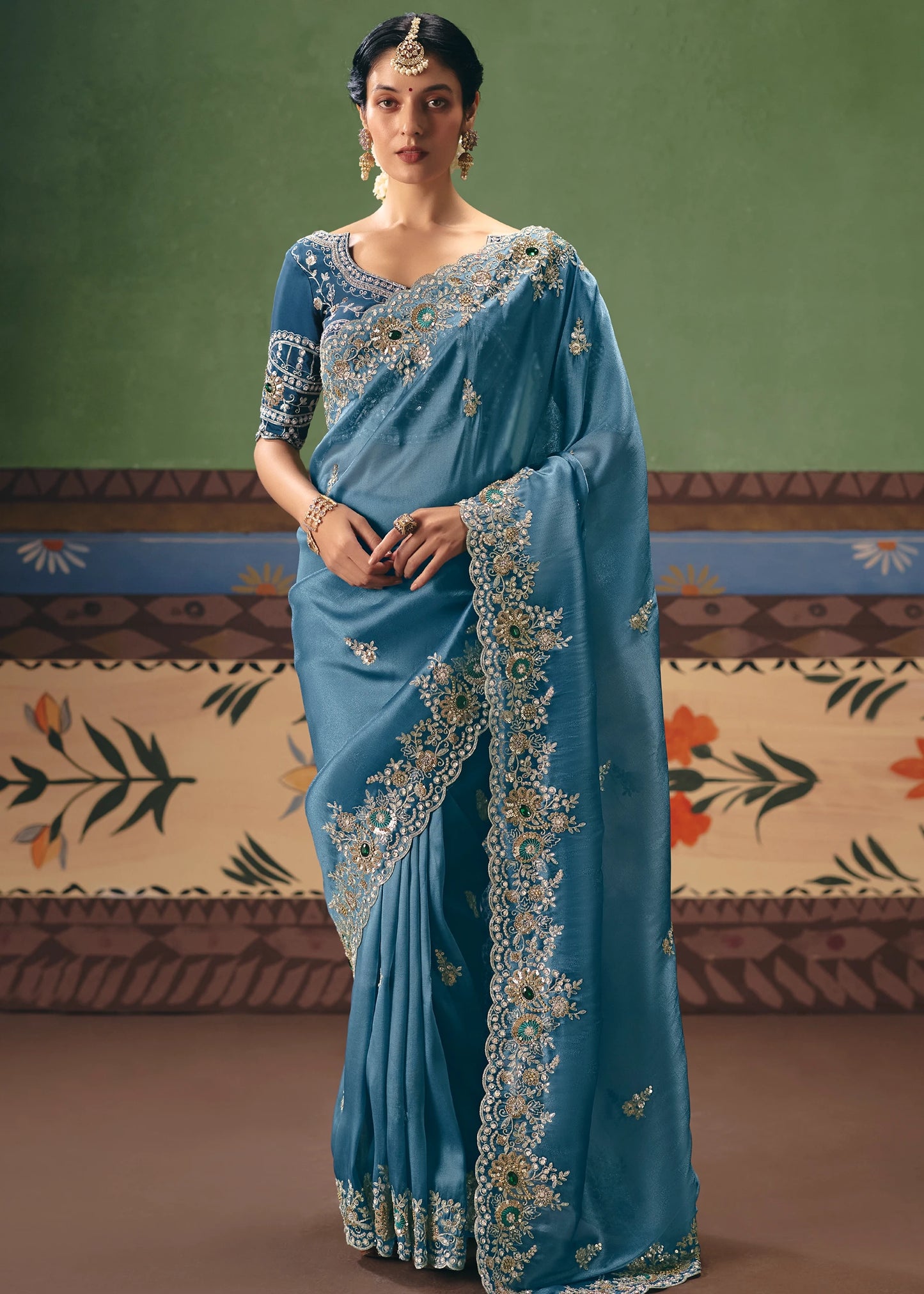 Crushed Organza Tissue Silk Light Blue Embroidered Saree