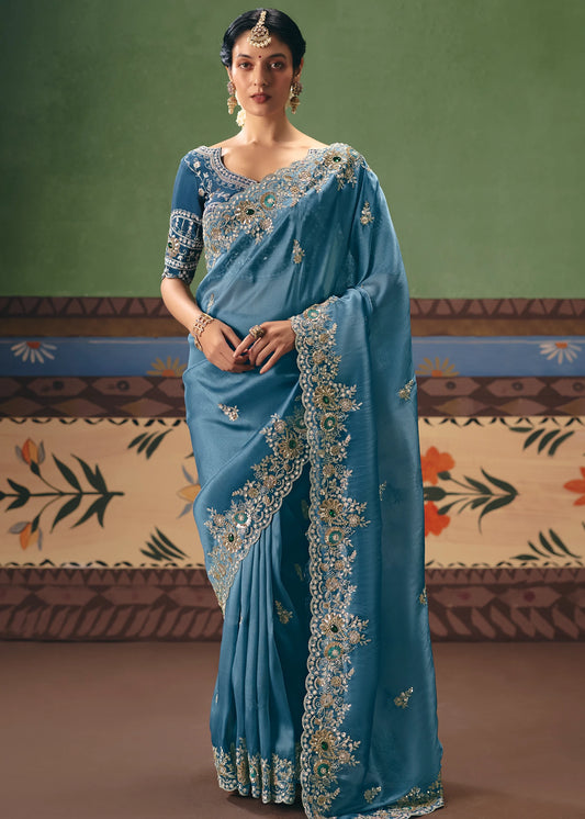 Crushed Organza Tissue Silk Light Blue Embroidered Saree