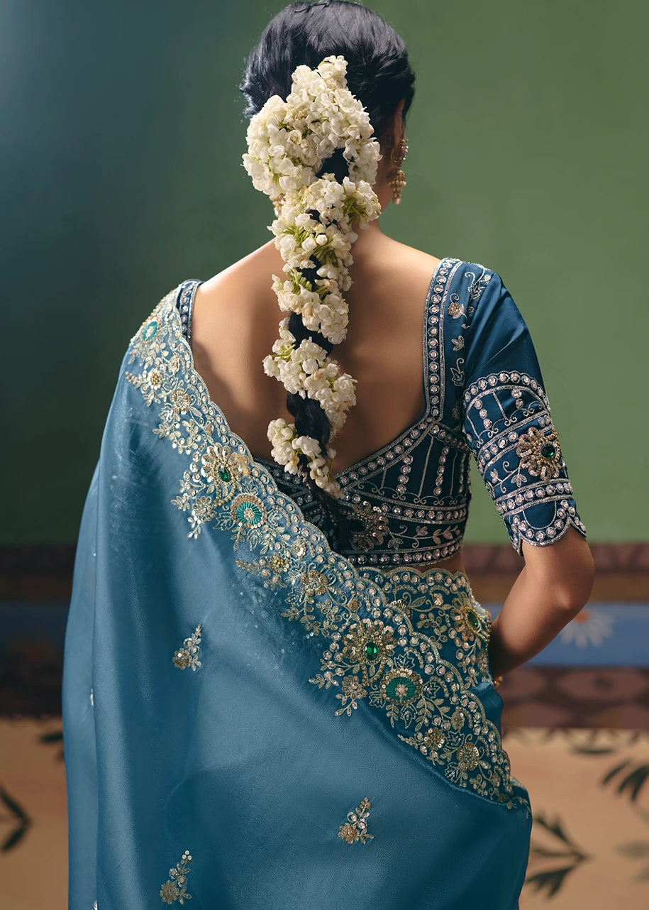 Crushed Organza Tissue Silk Light Blue Embroidered Saree