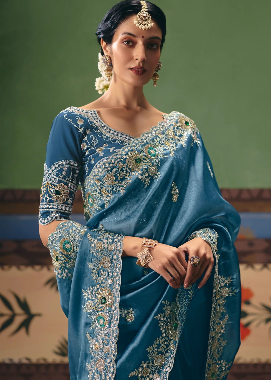 Crushed Organza Tissue Silk Light Blue Embroidered Saree