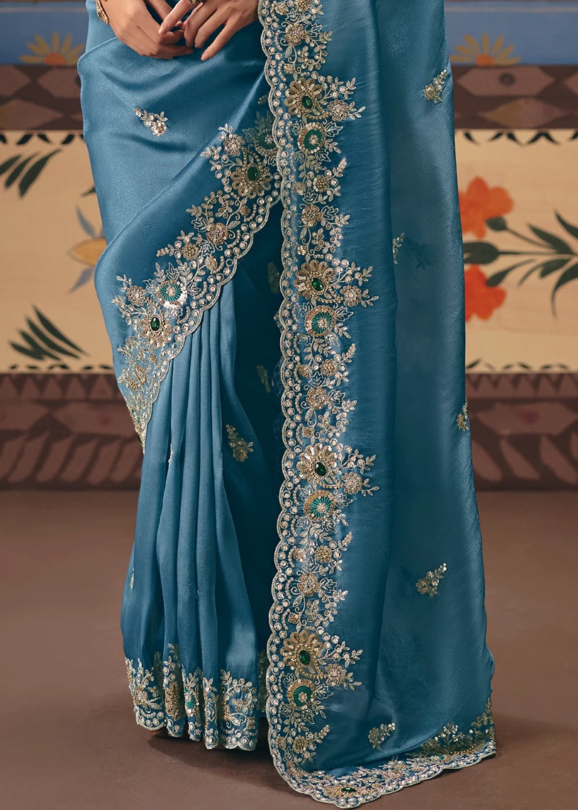 Crushed Organza Tissue Silk Light Blue Embroidered Saree