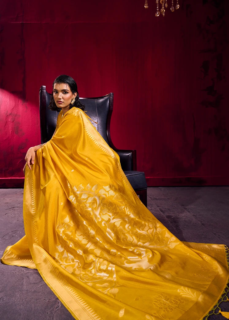 Soft Banarasi Silk Mustard Yellow Zari Weaving Saree