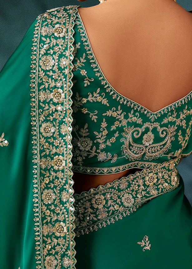 Emerald Green Crepe Silk Dabka Work Embroidered Bridal Saree