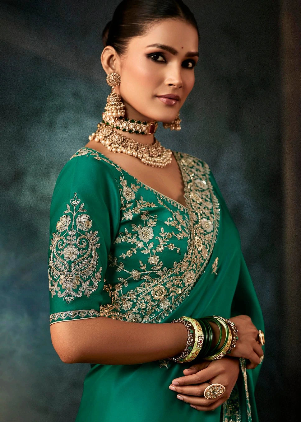 Emerald Green Crepe Silk Dabka Work Embroidered Bridal Saree