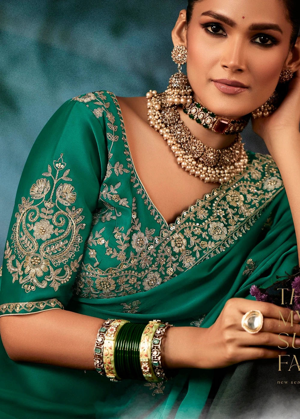 Emerald Green Crepe Silk Dabka Work Embroidered Bridal Saree