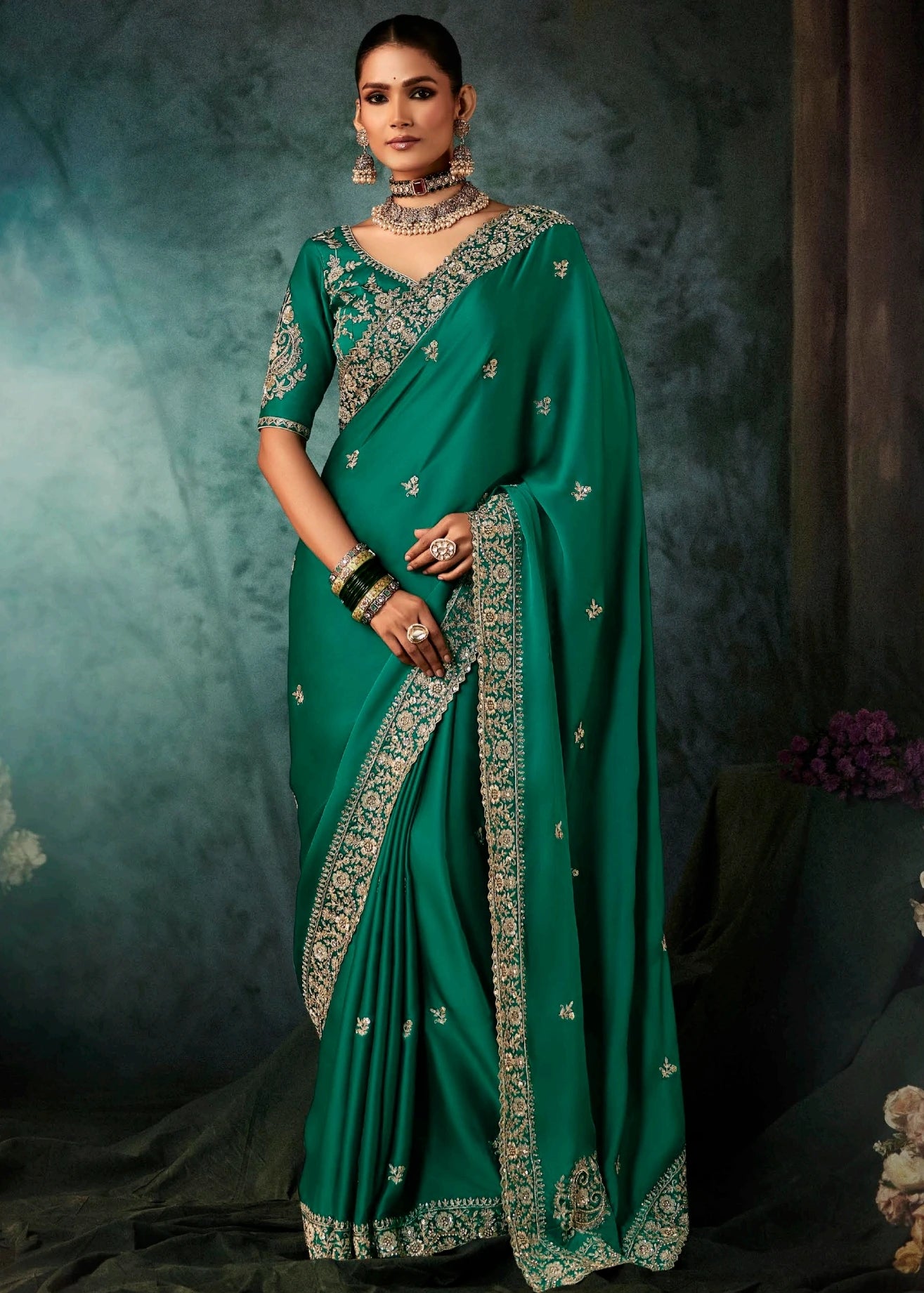Emerald Green Crepe Silk Dabka Work Embroidered Bridal Saree