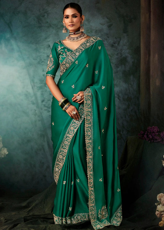 Emerald Green Crepe Silk Dabka Work Embroidered Bridal Saree