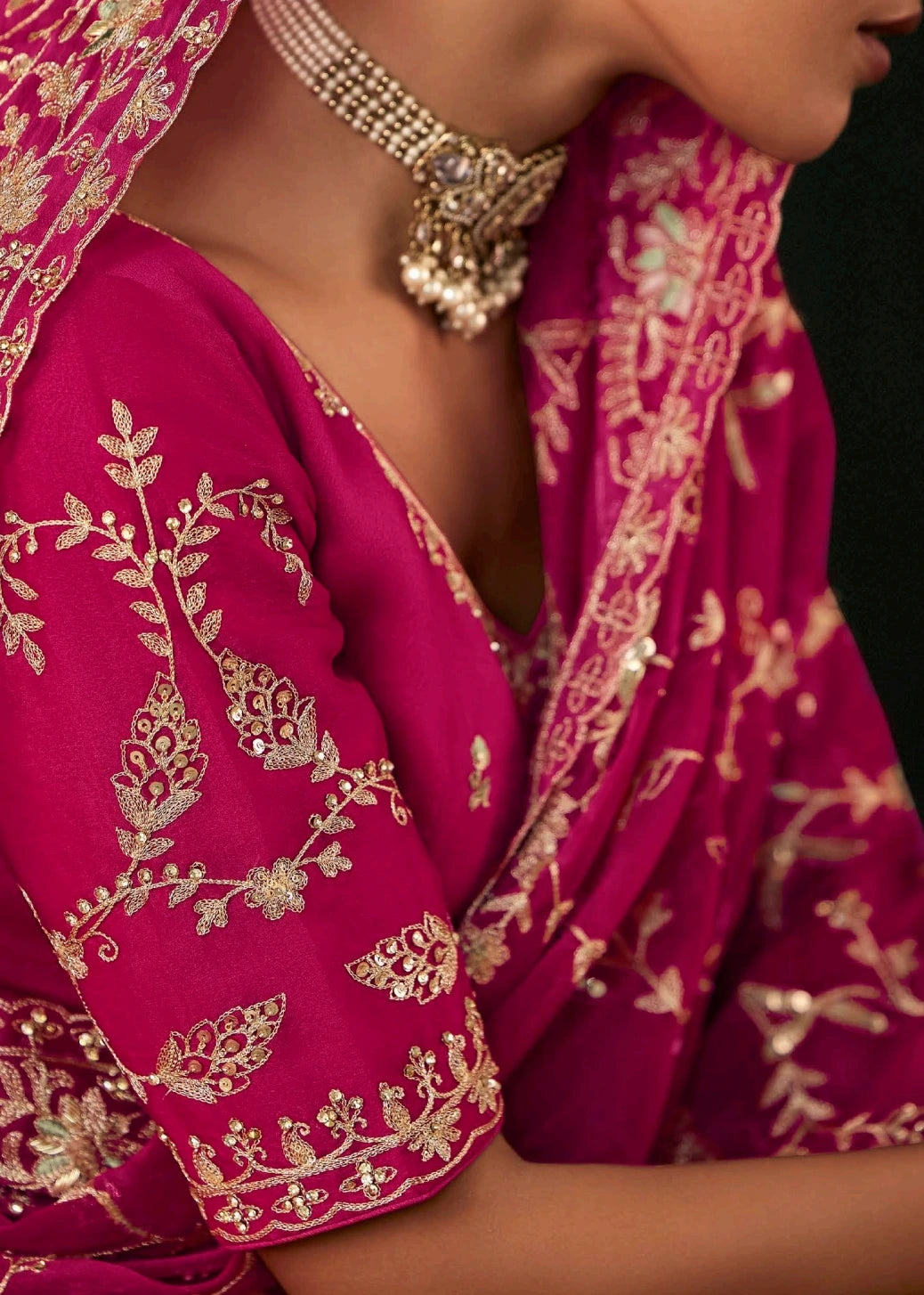 Rani Pink Crepe Silk Dabka Work Embroidered Bridal Saree