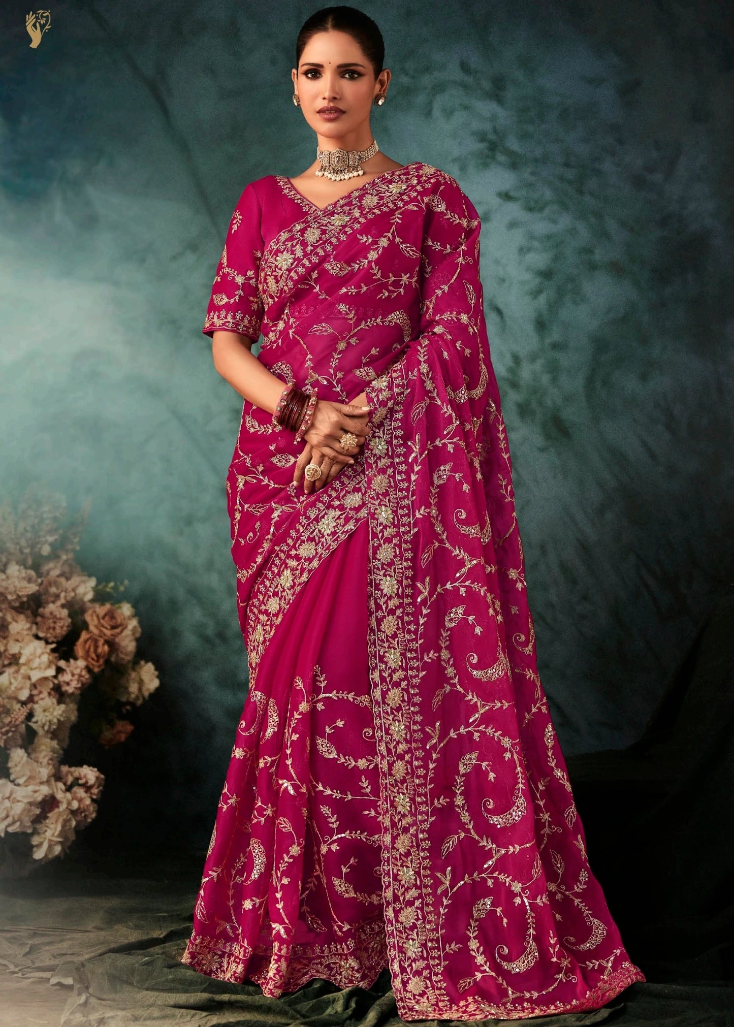 Rani Pink Crepe Silk Dabka Work Embroidered Bridal Saree