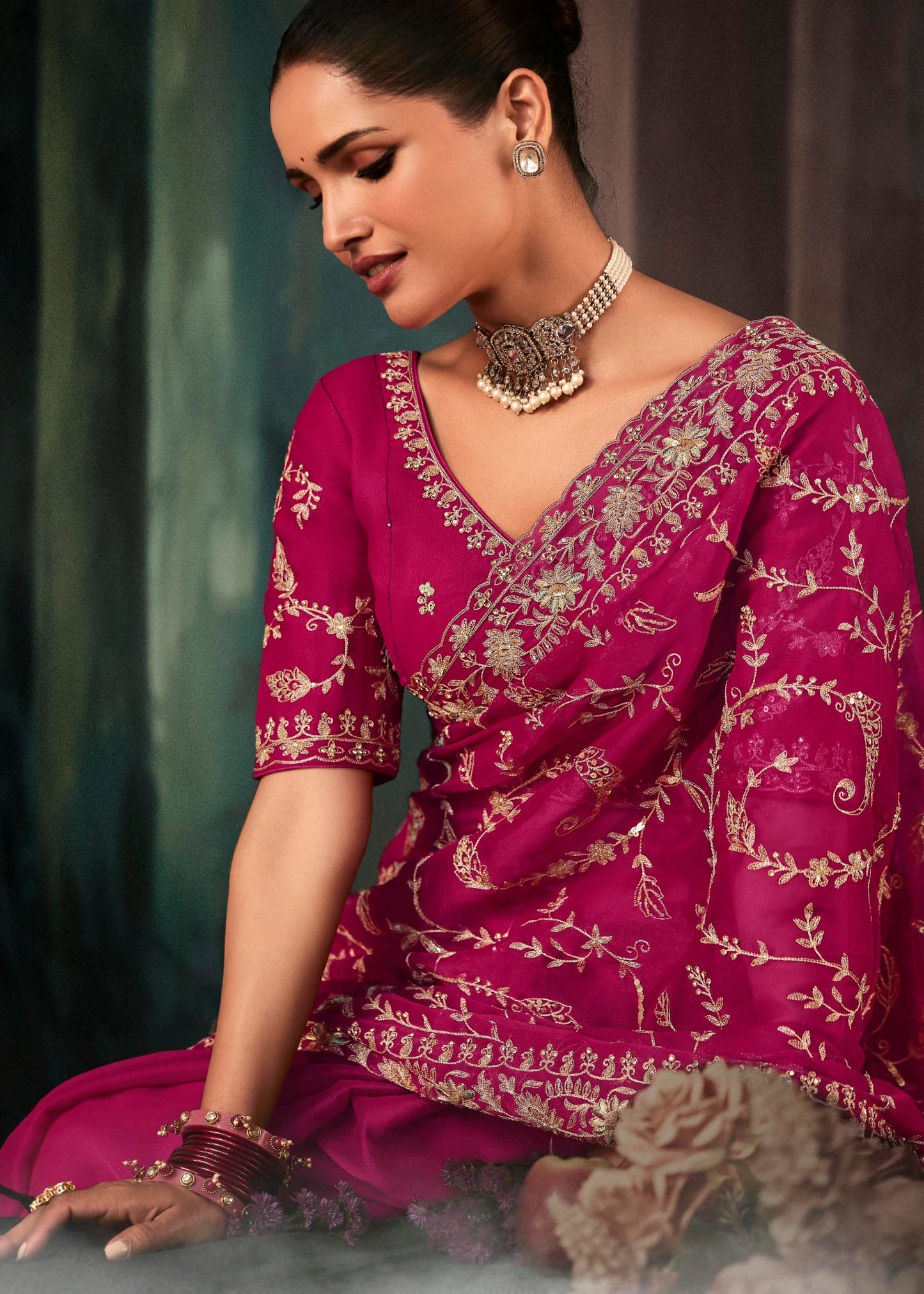 Rani Pink Crepe Silk Dabka Work Embroidered Bridal Saree