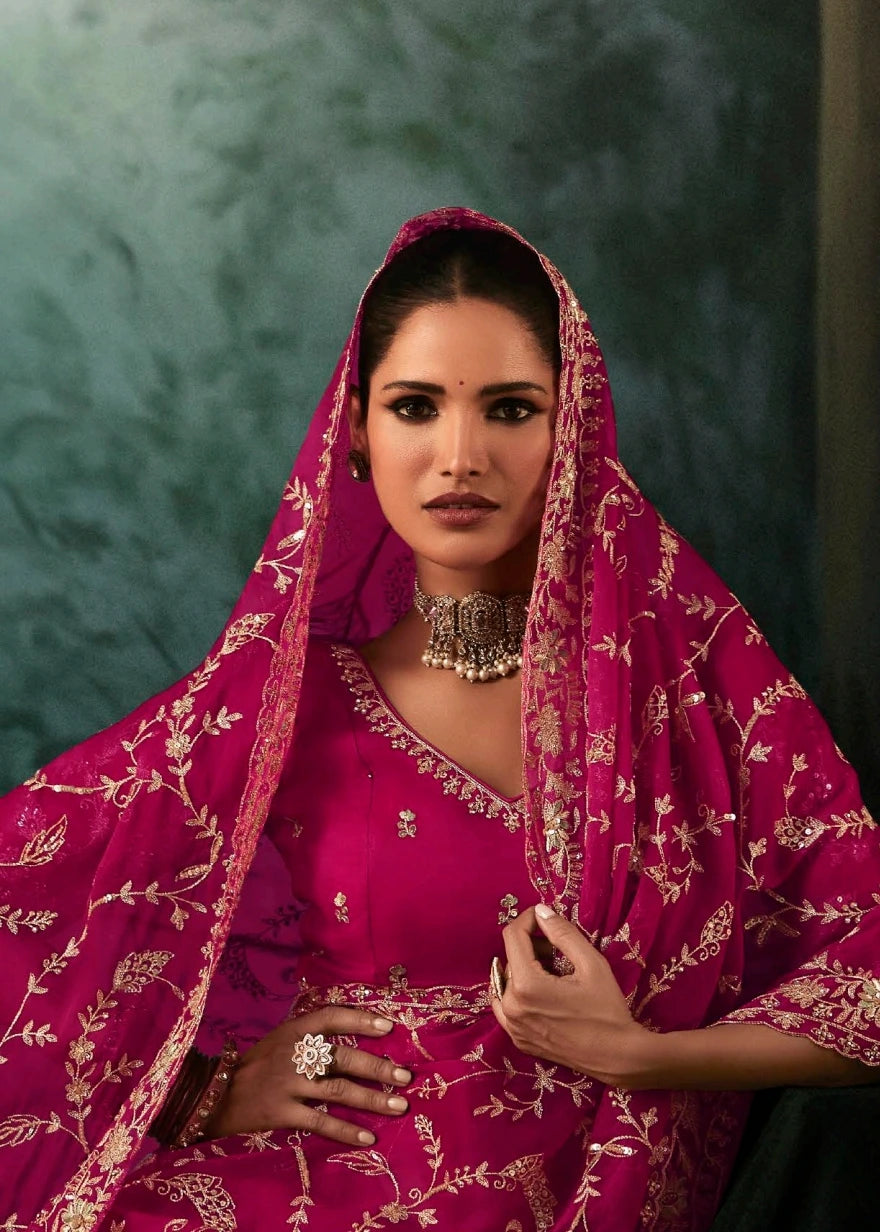 Rani Pink Crepe Silk Dabka Work Embroidered Bridal Saree