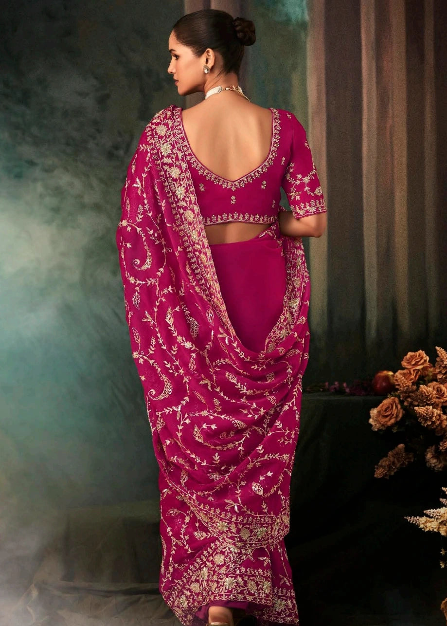 Rani Pink Crepe Silk Dabka Work Embroidered Bridal Saree