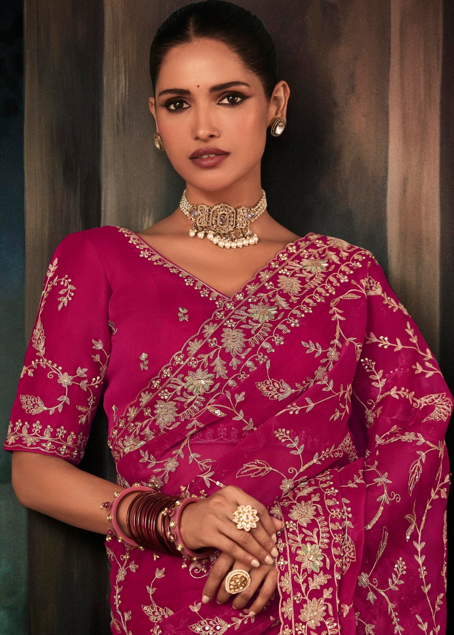 Rani Pink Crepe Silk Dabka Work Embroidered Bridal Saree