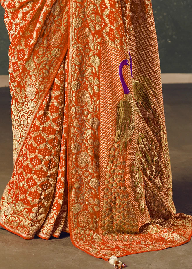 Pure Khaddi Georgette Orange Bridal Bandhani Saree