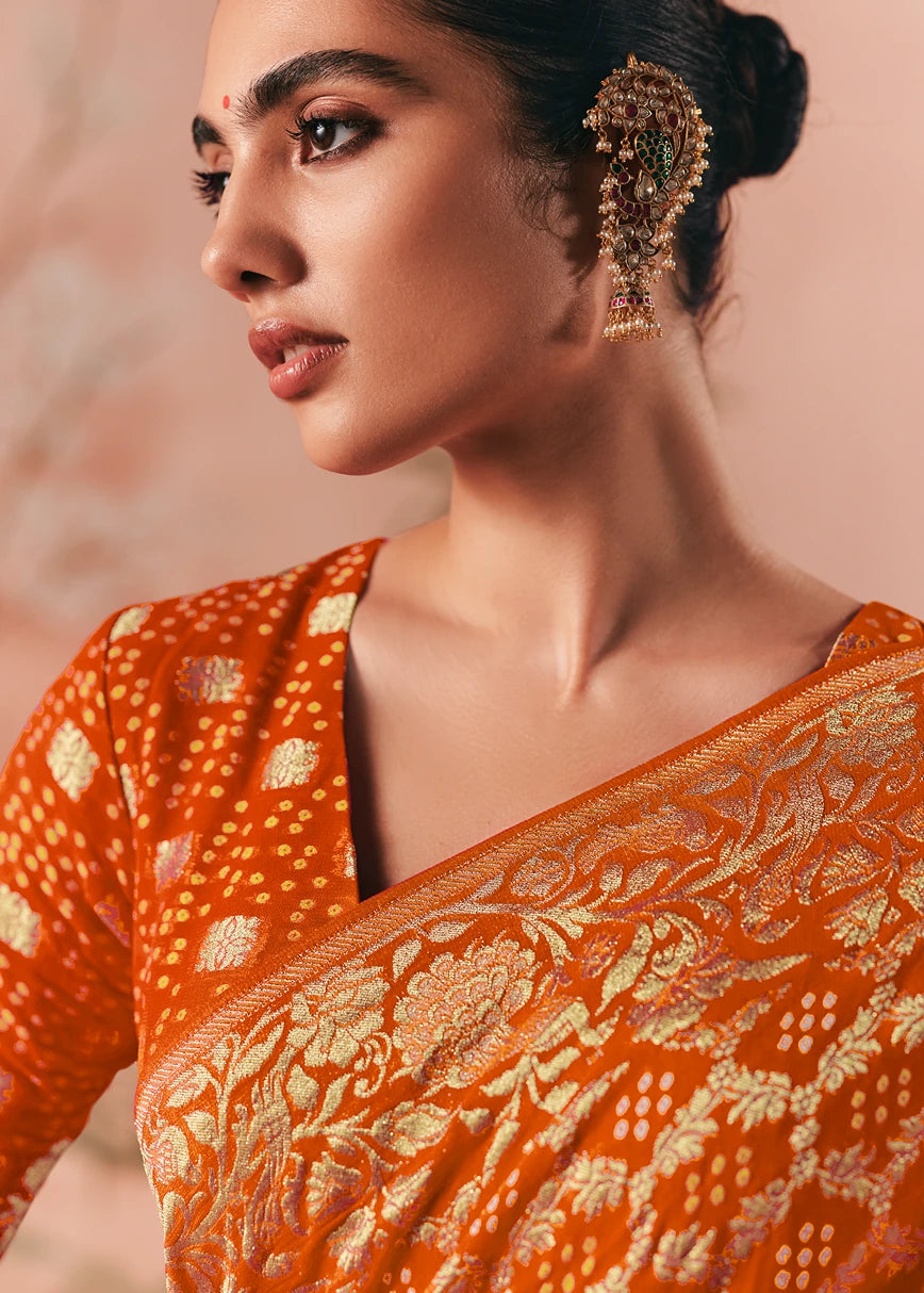 Pure Khaddi Georgette Orange Bridal Bandhani Saree