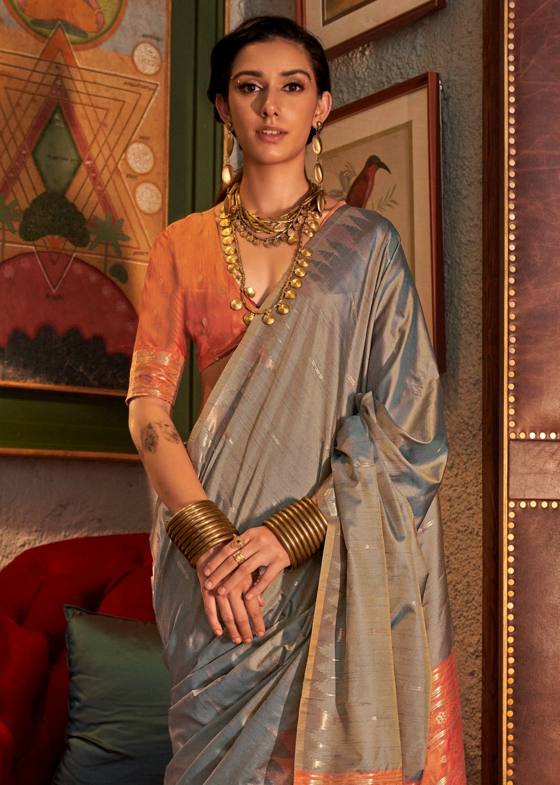 Grey tussar silk saree in usa online for women.