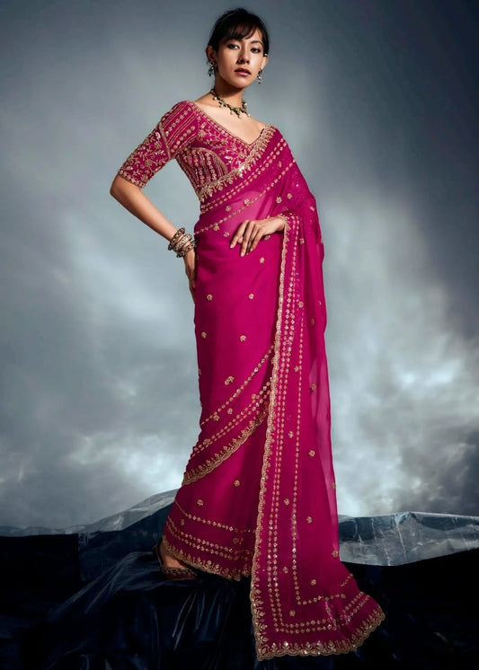 Hot Pink Tissue Silk Hand Embroidered Bridal Saree