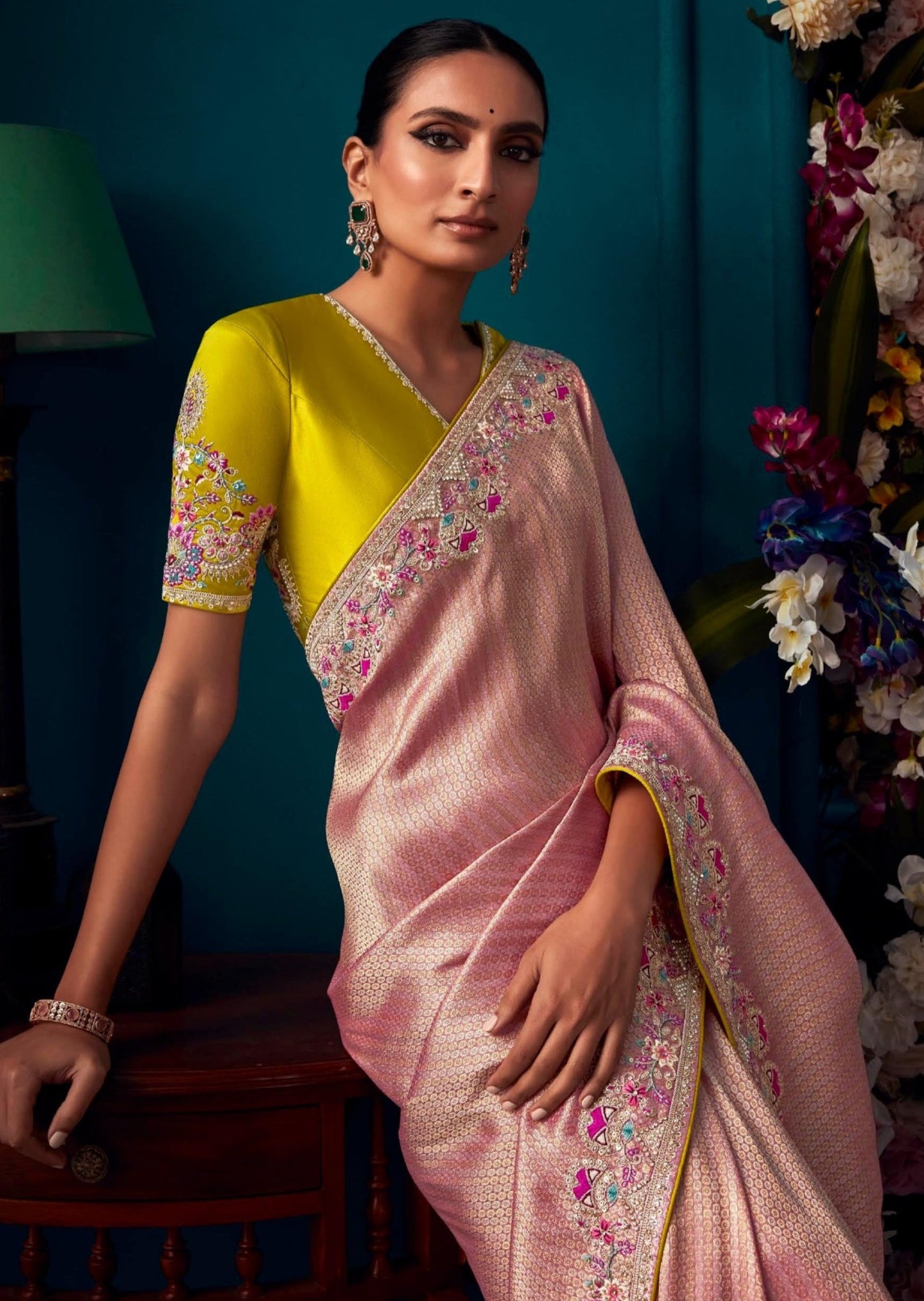 Bridal Banarasi Silk Pink Hand Embroidery Saree
