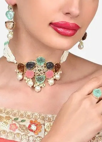 Multicolor Pearl Necklace Set With Earrings & Ring