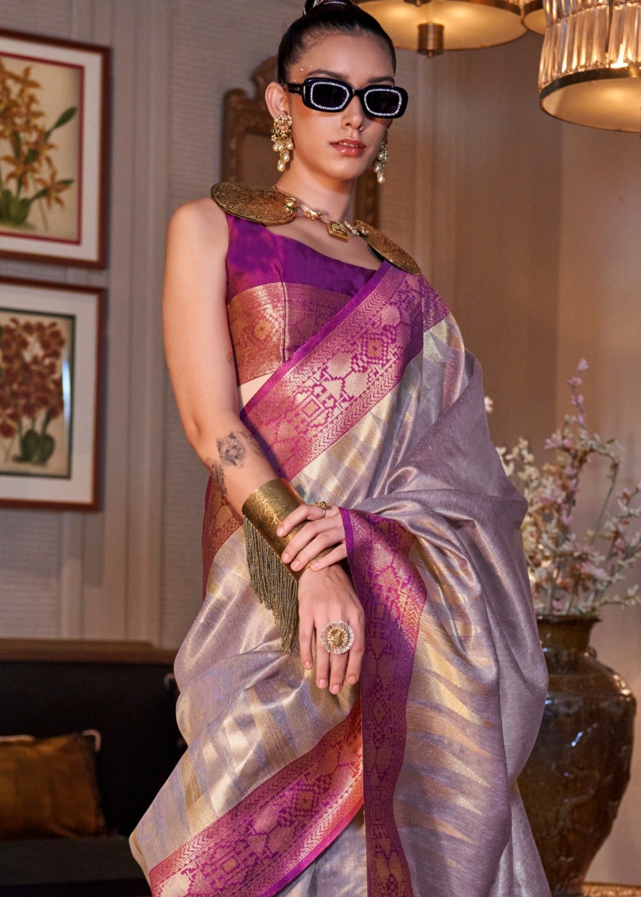 Banarasi Tissue Purple Handloom Saree