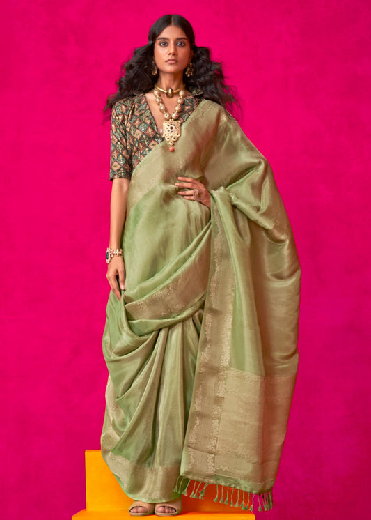 Green Banarasi Viscose Tissue Silk Handloom Saree