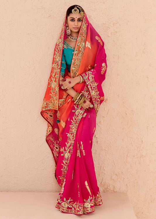 Soft Silk Pink and Orange Ombre Saree with Embroidery