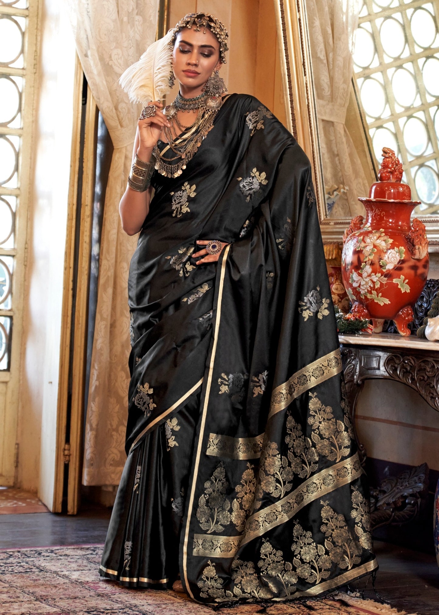 Pure Banarasi Satin Silk Black Handloom Saree