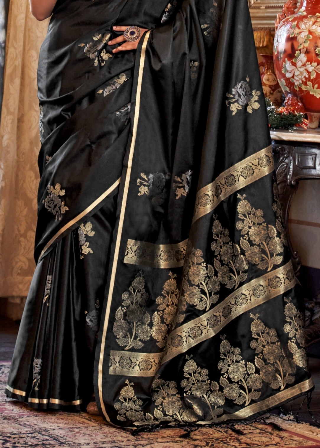 Pure Banarasi Satin Silk Black Handloom Saree