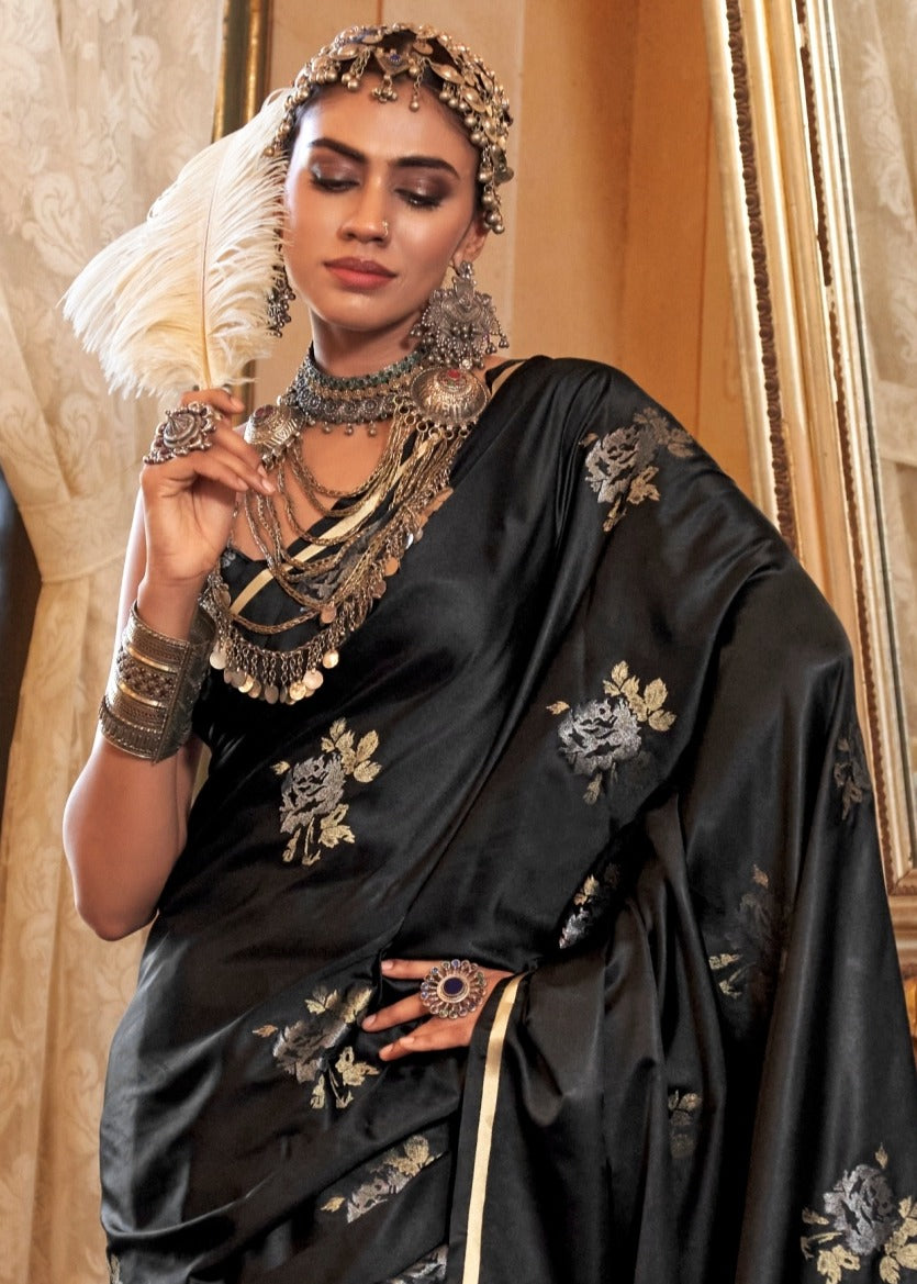 Pure Banarasi Satin Silk Black Handloom Saree