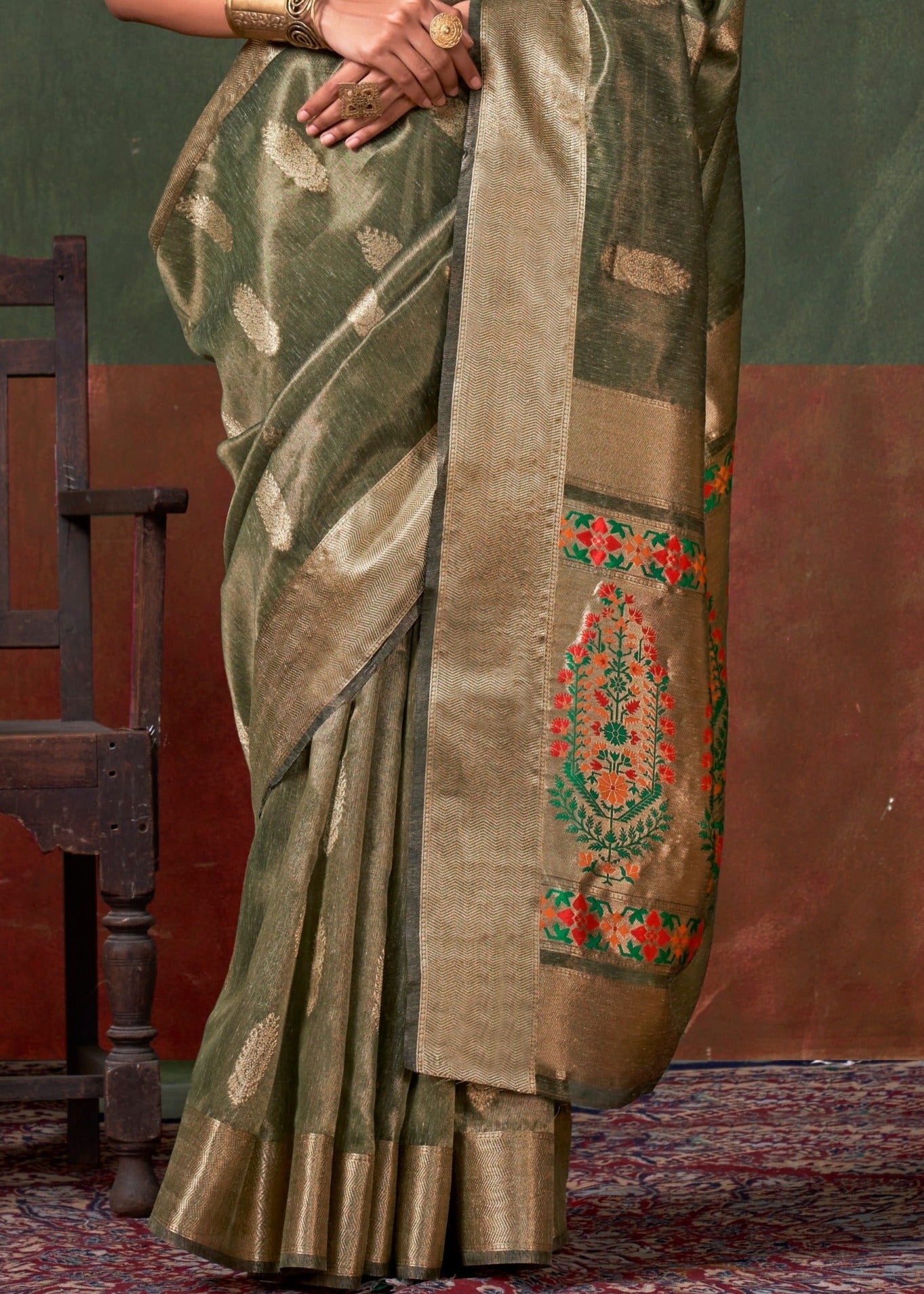 Pure Banarasi Tissue Silk Olive Green Handloom Saree