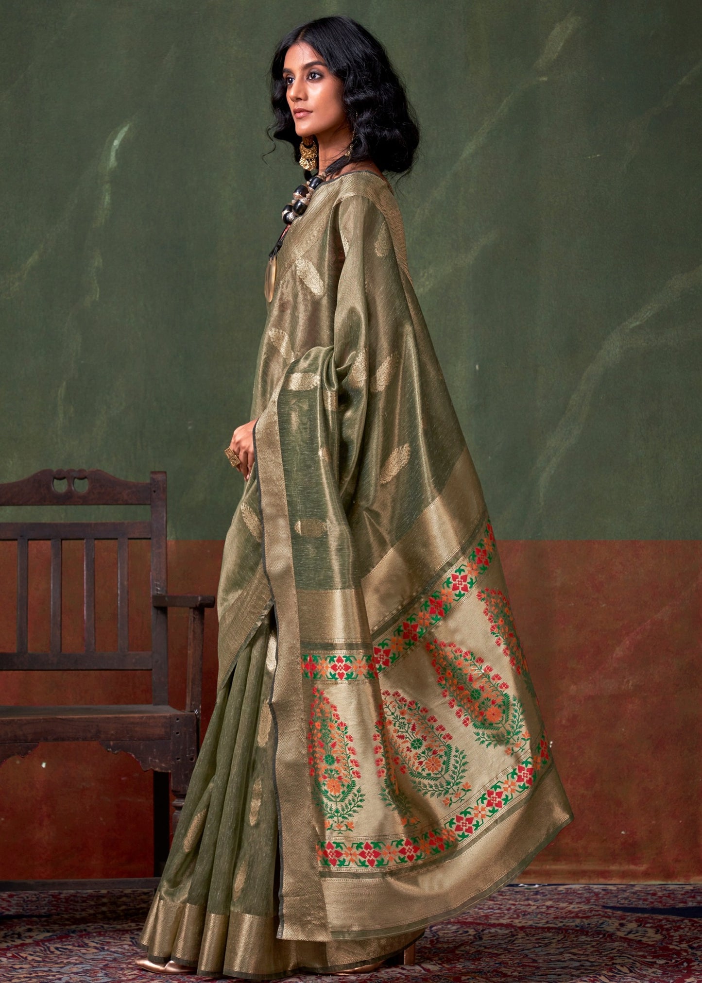 Pure Banarasi Tissue Silk Olive Green Handloom Saree