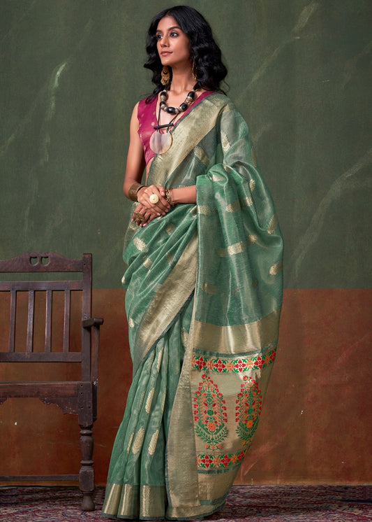 Pure Banarasi Tissue Silk Sea Green Handloom Saree