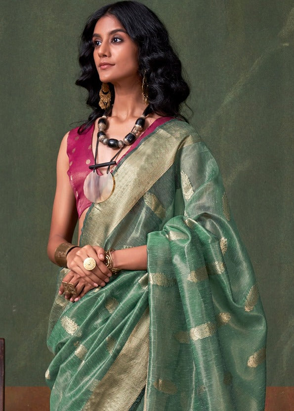 Pure Banarasi Tissue Silk Sea Green Handloom Saree