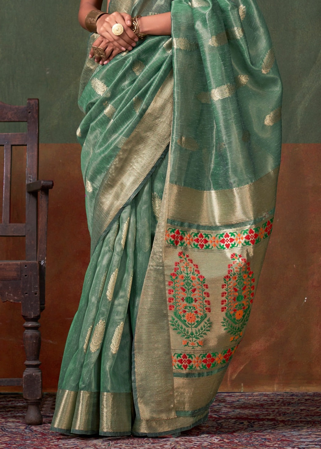 Pure Banarasi Tissue Silk Sea Green Handloom Saree