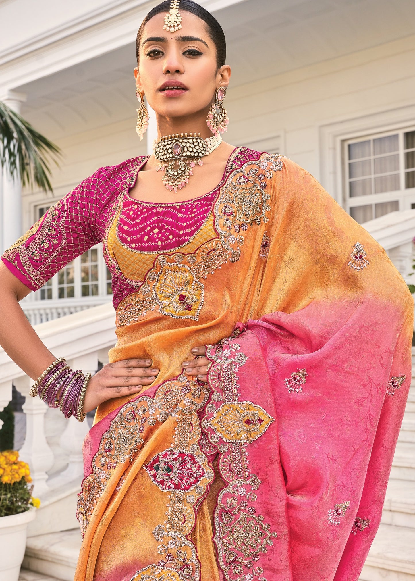 Soft Banarasi Silk Pink & Orange Ombre Handloom Saree With Heavy Embroidery Work