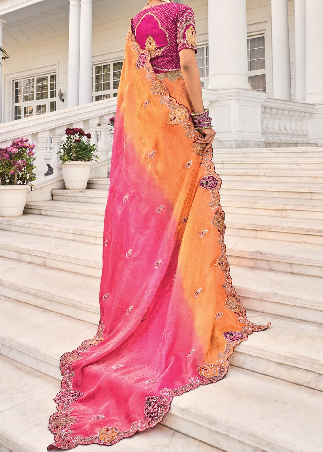 Soft Banarasi Silk Pink & Orange Ombre Handloom Saree With Heavy Embroidery Work