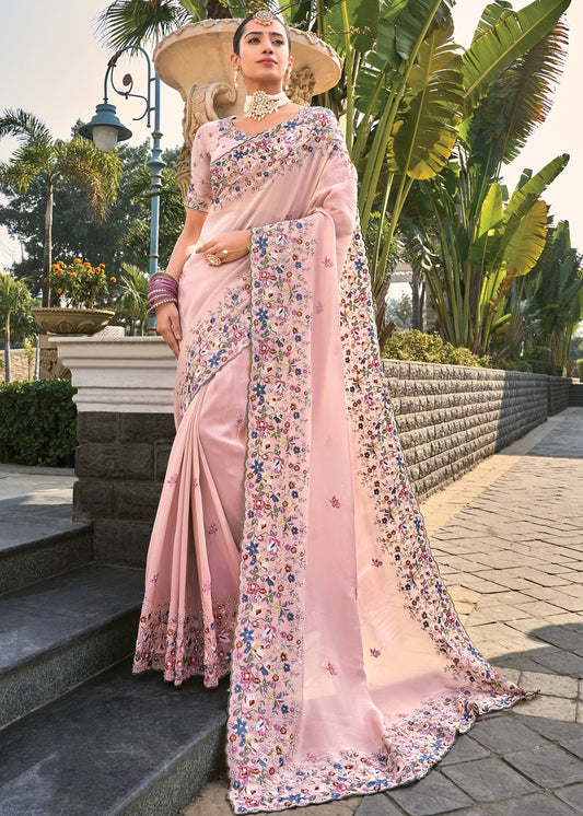 Soft Banarasi Silk Pastel Pink Handloom Saree With Heavy Embroidery Work