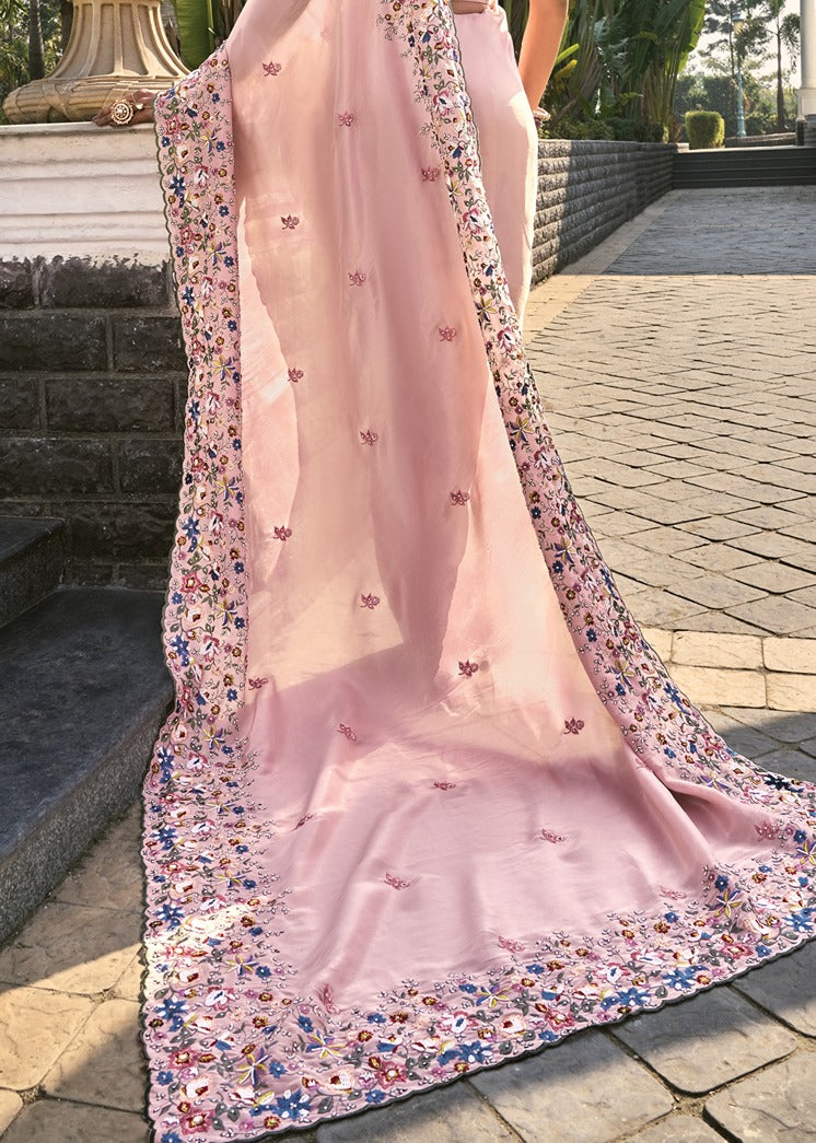 Soft Banarasi Silk Pastel Pink Handloom Saree With Heavy Embroidery Work