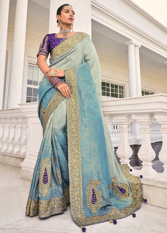 Soft Banarasi Silk Pastel Blue Ombre Handloom Saree With Heavy Embroidery Work & Bandhani Patchwork